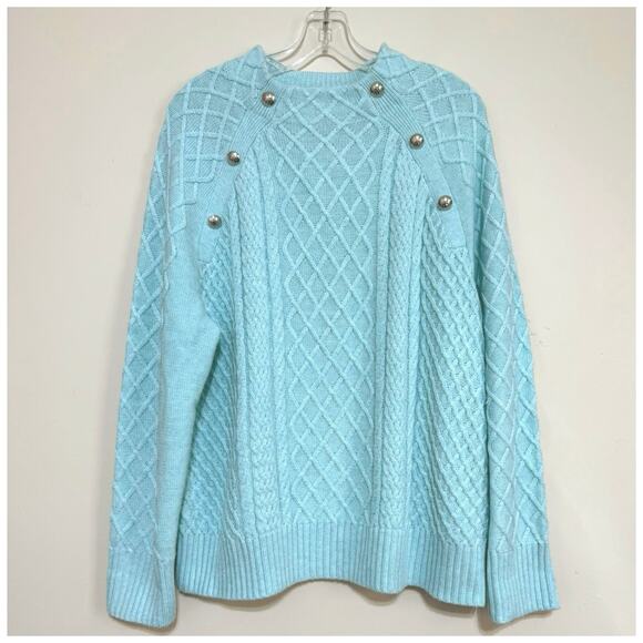 Talbots Women’s XL 16/18  Blue Cable Knit Mock Neck Sweater Silver Buttons - Picture 3 of 12
